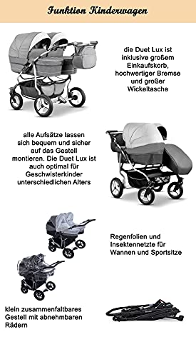 Zwillingskinderwagen Geschwisterwagen DUET LUX Komplettset 3 in 1 in 17 Farben