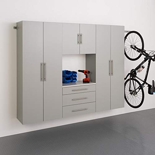 Image of Prepac HangUps 90 inch Wide 4-piece Wall Mounted Garage Cabinets, Wood Wall Storage Cabinets with 7 Adjustable Shelves, 2 Fixed Shelves and 3 Drawers, Garage Organizers with Metal Hanging Rail, Light Gray