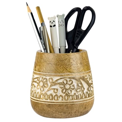Mie Creations Designer Pencil Holder for Desk Wood | Paintbrush Holder Cup, Desk Accessories, Cute Make Up Brush Organizers | Office Desktop, Wooden Pen Stand | Stationary, Art Supplies | White-4''