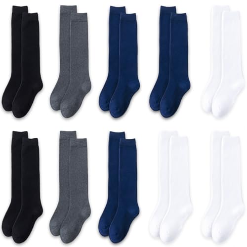 hoomore Girls Knee High Socks 10 Pairs Seamless Cotton School Uniform Socks for Kids Breathable Long Tube Stockings(Black White Dark Grey Navy Blue M)