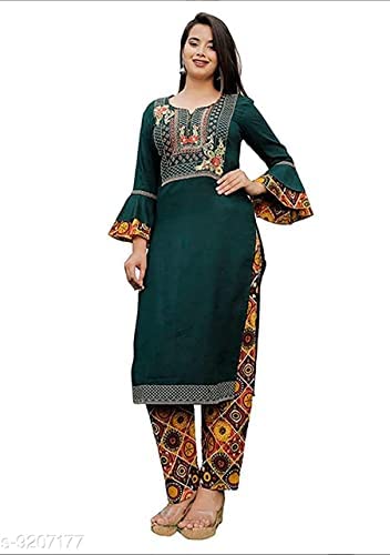 Image of Women Ethnic Set of Rayon Crop Top Skirt and Shrug || Classy Crop Top Kurti with Skirt and Shrug Jacket || Embroidered Ethnic Kurta Set (X-Large, Bottle Green)