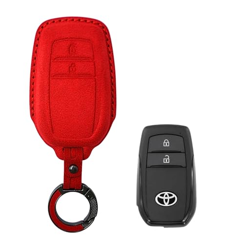 Image of KMH Alcantara Car Key Cover Compatible with Toyota Innova Crysta Hilux 2 Buttons Shell Case Car Accessories Key Smart Keycover with Keychain (D2) Red - Pack of 1