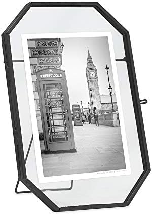 Isaac Jacobs 4x6 Vintage Style Octagon Brass & Glass, Metal Floating Picture Frame with Locket Closure (Vertical), Tabletop Display, (Fits up to a Cutout 4” x 6” - See Image)