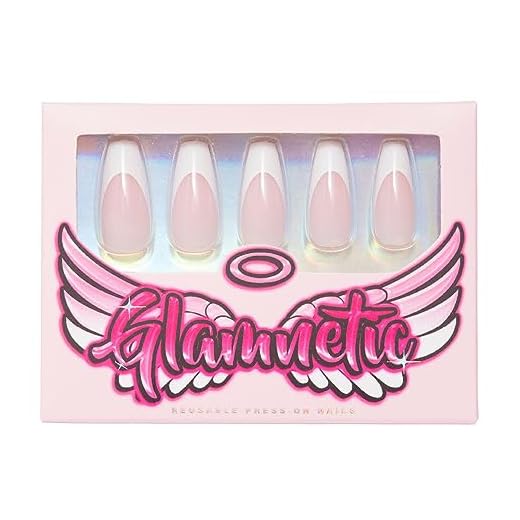 Glamnetic Press On Nails - So Classy | Glossy UV Finish French Tip Nails Long Coffin Shape, Reusable Semi-Transparent Nails in 12 Sizes - 30 Nail Kit with Glue