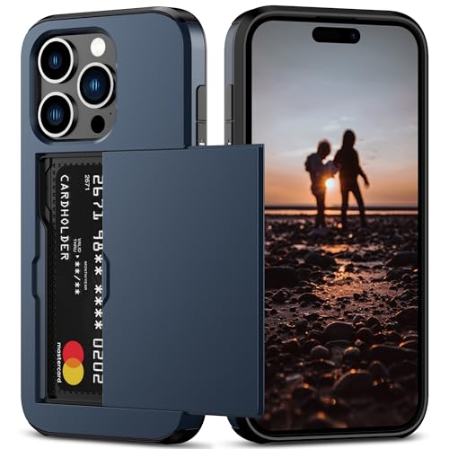 Nvollnoe Compatible with iPhone 15 Pro Case with Card Holder Heavy Duty Protective Dual Layer Shockproof Hidden Card Slot Slim Wallet Phone Cover for Women&Men 6.1 inch(Blue)