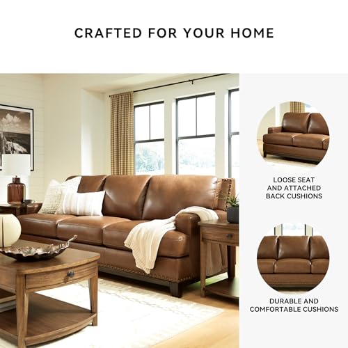 Image of Signature Design by Ashley Leather Couch, 90 in, Amber Brown, Brendola | Premium top grain leather, Matching faux exterior, Anti-sag platform foundation, Nailhead trim, No assembly required