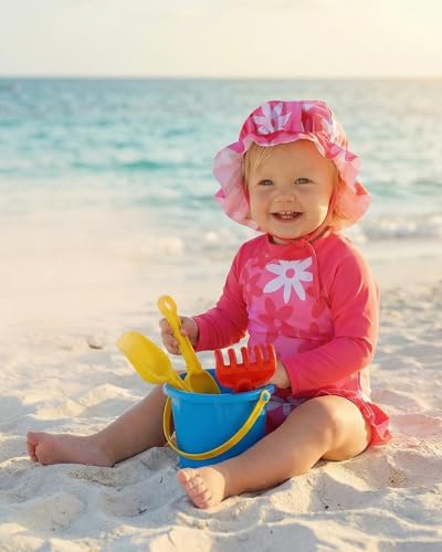 Image of SODLON Baby Girl Swimsuit Long Sleeve One-Piece Infant Bathing Suit 3M-3T | Girls Swim Suit with Hat & Zipper & Headband, Rash Guard Ruffle Swimwear, Toddler UPF 50+ Swimsuits, Baby Beach Essentials