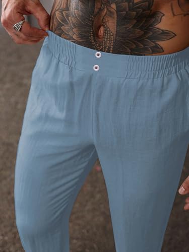 Image of TAGDO Men's Cotton Casual Premium Linen Blend Pants | Lightweight & Breathable Fabric | Elastic Waist with Button | Loose Fit | Perfect for Holidays & Travel (2055)