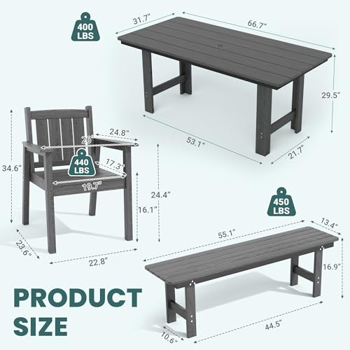 Image of Pamapic Patio Dining Table Set, 6-Piece Outdoor Dining Set for 6, Grey | 1 Rectangular Table, 4 Chairs & 1 Bench, Wood-Grain HDPE, Elegant Armrests, All-Weather Design, Umbrella Hole