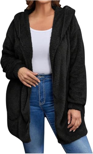 Image of Women's Sherpa Fuzzy Jacket Hoodie Open Front Fleece Hooded Jackets Cardigan Warm Outerwear Fall Coat with Pockets