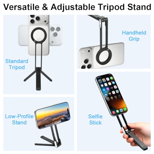 Image of ZORBES Magnetic Phone Tripod Stand for iPhone, Aluminium Smartphone Mini Tripod Pocket Cell Phone Stand, Folding Strong Magnet Quick Mount Compatible with iPhone 16 15 14 13 12 Series, Black