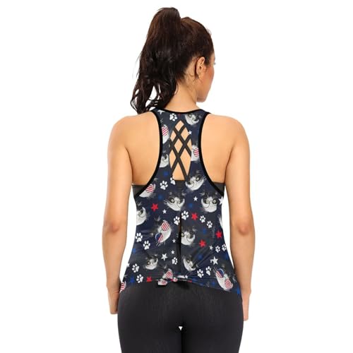 Tops de treino Paw Cat 4 de julho Dia da Independência Mulheres Costas Abertas Tie Back Muscle Tank