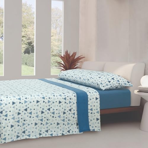 Juego de Ropa de Cama Térmico Pirineos – 3 Piezas para Cama – Sábanas de Franela para Invierno - Diseño Triangular. (Azul, Cama 135)
