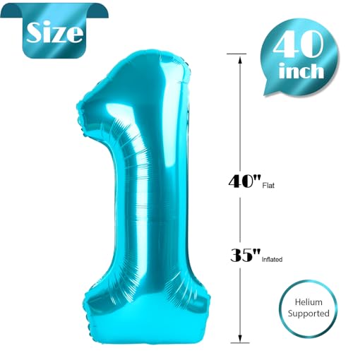 Image of Light Blue Number 1 Balloon 40 Inch, 1st Birthday Balloon First Birthday Decorations, Shiny Light Blue Party Supplies