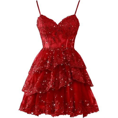 Spaghetti Straps Tiered Tulle Homecoming Dress Teens Sparkly Lace Applique 2025 Formal Party Gown LA035-A