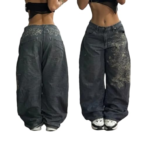 Unisex Y2K Beggy Jeans Vintage High Waist Denim Pants Hip Hop Skull Print Gothic Jeans Straight Wide Leg Trouser
