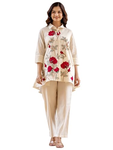 Image of INDO ERA Women's Off White Pure Cotton Printed A-Line Kurta & Pant Set | Cord Set For Women Cotton