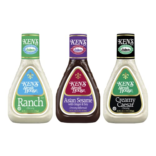 Kens Steak House Creamy Caesar, Ranch, Asian Sesame Dressing Variety Pack,16 FL OZ. (Count of 3)