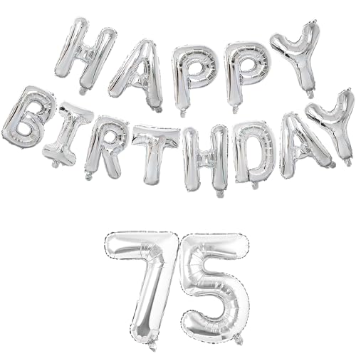 Image of Flyloons 75th Silver Colour Happy Birthday Foil Balloon Set For 75 Year Old Men Women | With Number Seventy-Five | 13 Letters Reusable Happy Birthday Metallic Foil Balloons Decoration Kit, 15 Pcs