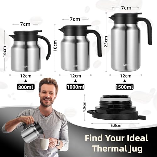 WYHVAND 1L Thermal Coffee Jug, Double Walled Stainless Steel Vacuum Insulated Coffee Carafe/Flask, Leakproof Lid, for Tea & Hot/Cold Drinks, Silver - Image 4