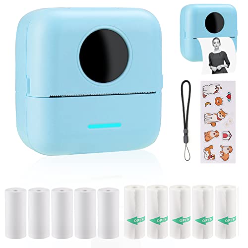 Huijukeji Mini Sticker Printer Pocket Inkless Thermal Printer With 10 Rolls Thermal Paper And Sticker For Ios&Android, Bluetooth Smart Portable Receipt Printer For Photo Journal Notes Memo-Blue #TOP12