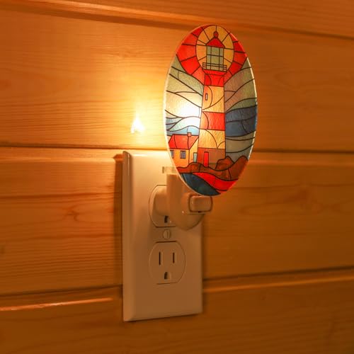 Image of Lighthouse Stained Glass Styled Night Light Plug in - Made with Real Glass, Bulb Included, On /Off Switch - Nautical Beach Theme Bathroom, or Beach House Accent Light Dusk Blue Red