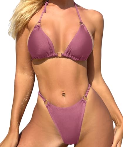 Image of MIKETAI Sexy Bikinis for Women 2 Piece Bikini Spaghetti Strap Swimsuits Solid Color Bathing Swimwear Triangle Bathing Suit