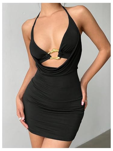 SOLY HUX Women's Halter Mini Dress Draped Front Sexy Deep V Neck Sleeveless Backless Bodycon Party Dresses4