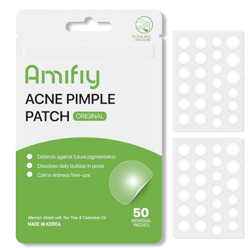 Amifiy Pimple Patches with Hydrocolloid & Tea Tree – Invisible Acne Stickers for Face, Oil-Absorbing Zit Dots, Vegan & Cruelty-Free Blemish Treatment, 50 Count (10mm/12mm/14mm)