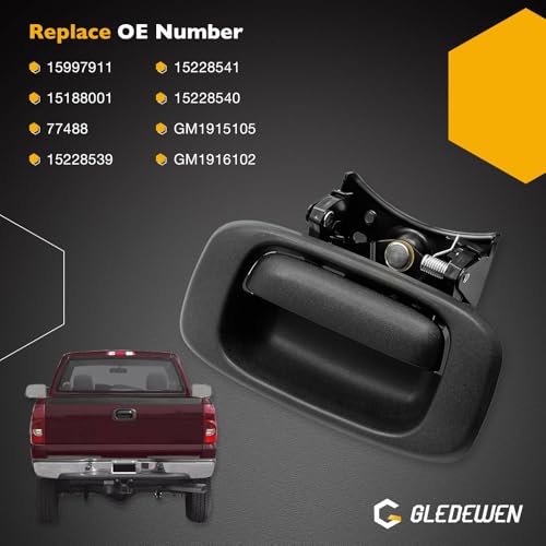 Image of Gledewen Tailgate Handle Latch and Bezel Trim with Rod Clips | for 1999-2007 Chevy Silverado GMC Sierra 1500 2500 3500 | Replaces# 15997911, 15228539, 15228541, 15228540