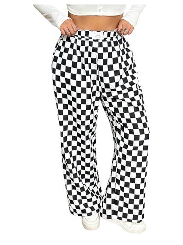 SOLY HUX Women's Plus Size Checkered Pants Elastic High Waisted Y2k Wide Leg Baggy Trousers with Pocket Black and White 3X-Large Plus
