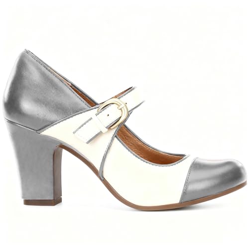 Image of SHODENSE Women Vintage Chunky High Heel Mary Jane Shoes Round Closed Toe Ankle Strap Dress Sandals 3 inch Block Heels Mary Jane Lolita Pumps Two-Toned Patchwork Buckle Office Lady Wedding Retro 4-11 M US