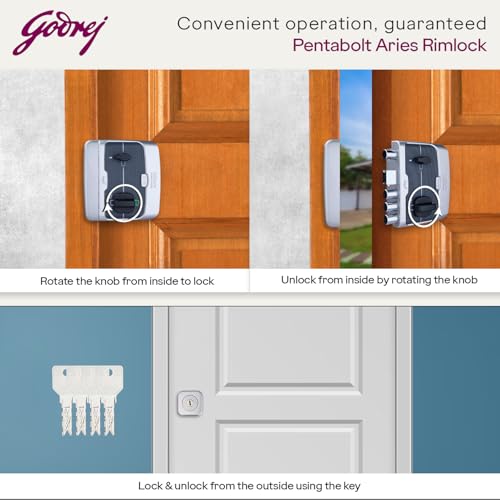 Image of Godrej Rim Lock I Pentabolt Aries 3KS I 5 Bolts I 1CK Deadbolt I for Inside Opening Door l Left /Right Handed Doors I 4 Keys I 15-Year Warranty I Manual Locking I Roman Silver Finish