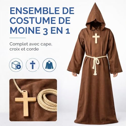 TK Gruppe Timo Klingler Costume de moine prêtre avec croix et capuche - Carnaval et Halloween - Costume de moine pour homme et femme – vue 2
