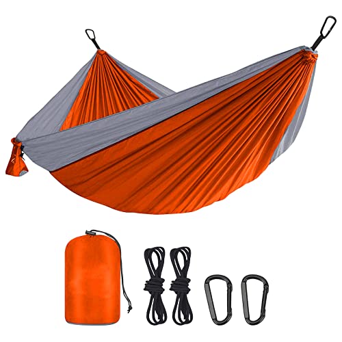 DULKET Camping Hammock Portable Ultralight Travel Hammocks Breathable Nylon with 5 FT Tree Straps for Outdoor Camping Hiking Backpacking Indoor Garden （150kg Capacity） (Orange grey)