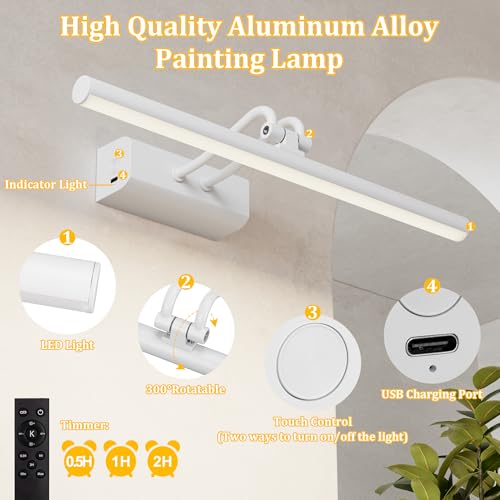 Image of Battery Operated Picture Light for Wall, Remote Control, White | 4000mAh Cordless,Wall Light, Magnetic for Easy to Charge,Timers, Display for Gallery Living Room Bedroom