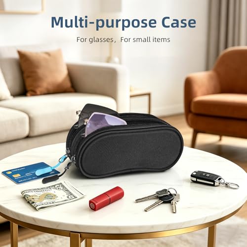 Image of FINTIE Double Sunglasses Case, Soft Portable Eyeglasses Pouch with Carabiner Clip, Dual Zipper Compartments for Men Women