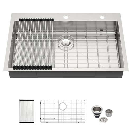 Image of Kichae 33 ADA Drop In Kitchen Sink - 33x22x5 Kitchen Sink Drop in Topmount Single Bowl 16-Gauge Stainless Steel Drop Sinks Round Corner Basin With Rack & Stainless Steel Sink Grid