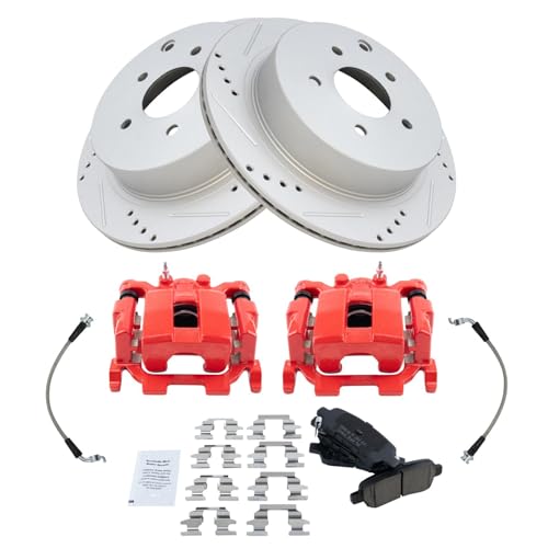 Image of TRQ Performance Rear Brake Pad and Rotor Kit Ceramic Slotted Drilled | For 2013 Infiniti JX35 14-18 Infiniti QX60 09-18 Nissan Murano 11-17 Quest 13-20 Pathfinder