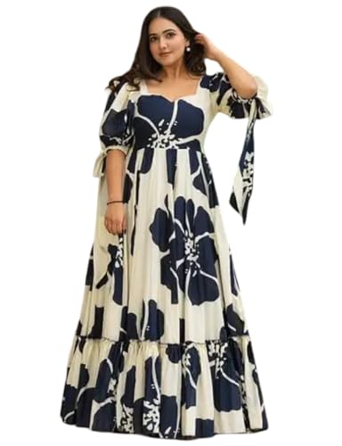 Image of Women Floral Printed Tiered Maxi Dress with Puff Sleeves, Empire Waist, Tie-Up Detail, Flared Long Dress for Casual Wear, Summer Outings, Vacation & Resort Wear - Causal Gown for Women