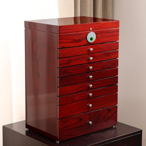 SYENS Fingerprint Jewelry Box, Wooden Jewelry Cabinet, 9-Layers Extra Large Capacity for Women's Jewelry Storage box&organizers, All Drawers Lockable (9L-RS)