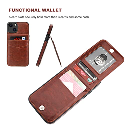 Image of KIHUWEY Compatible with iPhone 13 Case Wallet with Credit Card Holder, Premium Leather Magnetic Clasp Kickstand Heavy Duty Protective Cover for iPhone 13 6.1 inch(Brown)