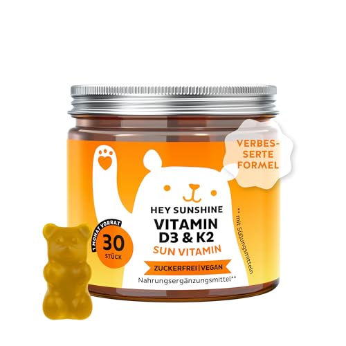 Vitamin D3 K2 Hey Sunshine Gummies mit Vitamin D3 (25 g / 1000 I.E.) K2 zur Unterstützung der normalen Funktion des Immunsystems 30 Stück (1 Monat) zuckerfrei vegan Bears with Benefits