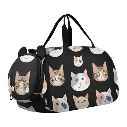 Colorful Cat Faces Duffle Bag for Girl, Sports Duffle Gym Bags with Shoe Compartment, Personalized Overnight Bag Travel Weekender for Kids