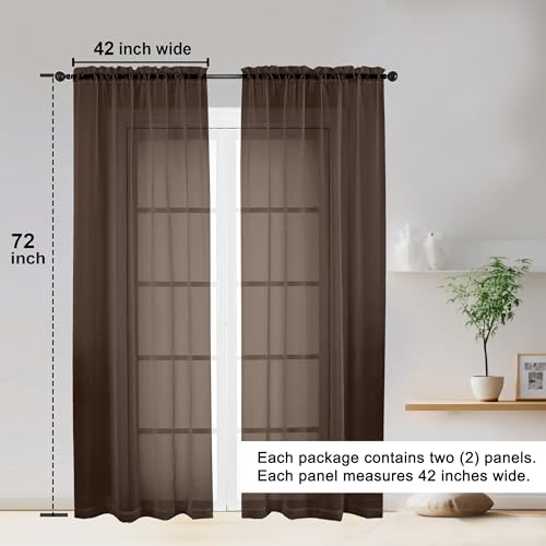 Image of OWENIE Sheer Curtains 72 Inches Long 2 Panels Set, Light Filtering Sheer Curtain Rod Pocket Clear Drapes for Living Room Bedroom Window Sliding Door, Each 42 x 72 Inch, Chocolate