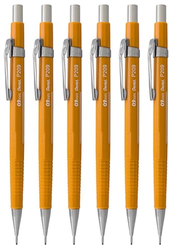 Pentel 0.9mm (P209) Yellow P200 Series Automatic Mechanical Draughting Pencil Refillable Lead Eraser P209-G (Pack Of 6)