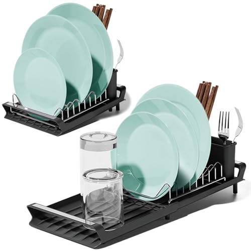 Egoutoire Vaisselle Inoxydable Compact, 27-49cm Seche Vaisselle Extensible, Égouttoir Ustensiles avec Porte-Couverts et Bac Égouttage Incliné, Support Séchage pour Évier Cuisine, Plaque, Tasse (Noir)