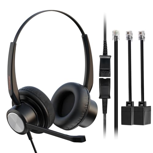 Emaiker   Auriculares para teléfono IP de 2 orejas con micrófono con cancelación de ruido, teléfono fijo para oficina, funciona con Mitel Nortel Avaya Digital Polycom VVX Shoretel Aastra Digium +