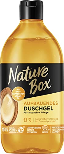 Nature Box Gel de ducha (385 ml), con aroma de argán, fórmula vegana y pH neutra con aceite de argán prensado en frío, certificado cosmético natural