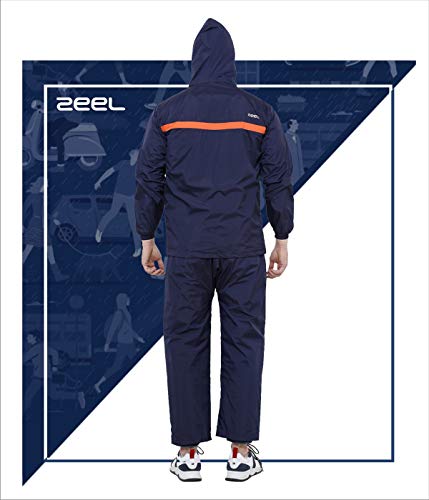 Image of ZEEL Rain Coat for Men Waterproof for Bike Riders with Adjustable Hood Along with Inner Pockets,Waterproof Raincoat with Polyester Jacket,Pants and Carrying Pouch,AZ03 Navy-Orange XXL